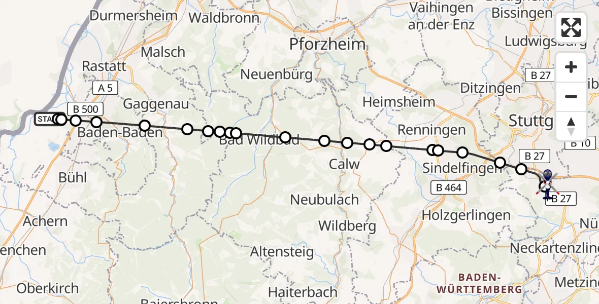 Flugroute Polizeihubschrauber Karlsruhe Baden-Baden Flughafen - Flughafen Stuttgart, 08 Mai 2026, 04:52