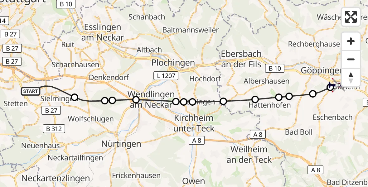 Flugroute Polizeihubschrauber Flughafen Stuttgart - Göppingen, 08 Mai 2026, 05:01