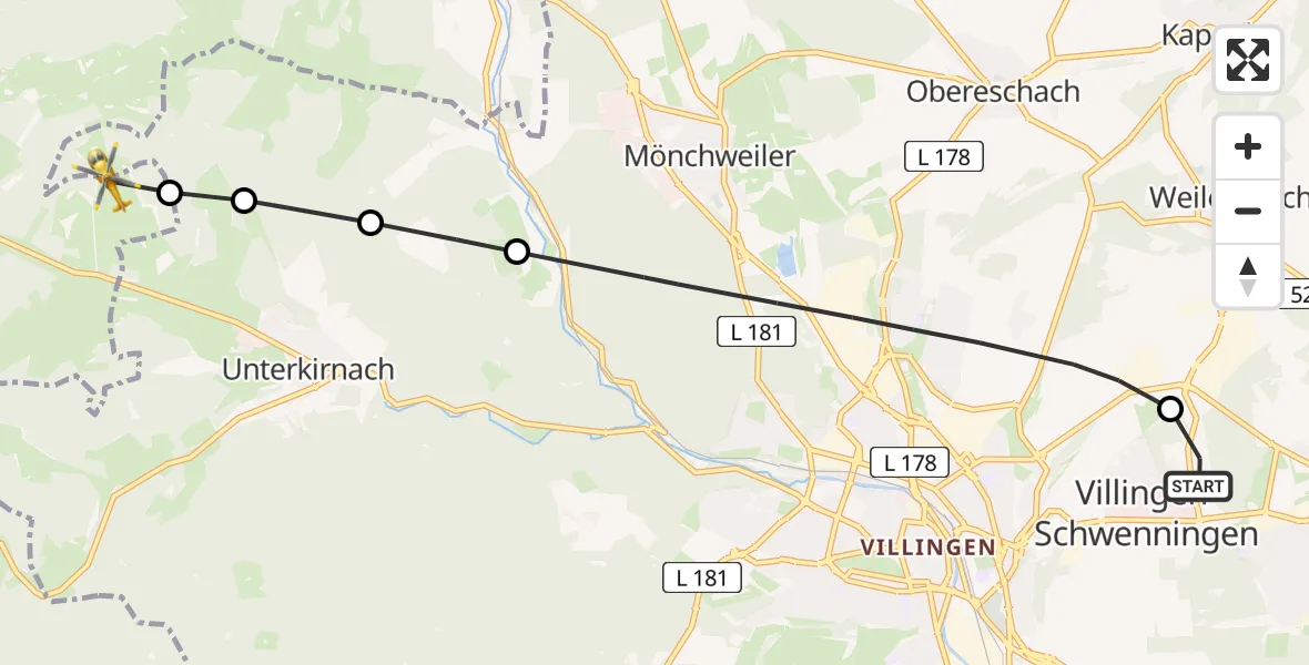 Flugroute Ambulanzhubschrauber DRF Air Rescue Station Villingen-Schwenningen Hubschrauberlandeplatz (Christoph 11) - St. Georgen im Schwarzwald, 08 Mai 2026, 05:15
