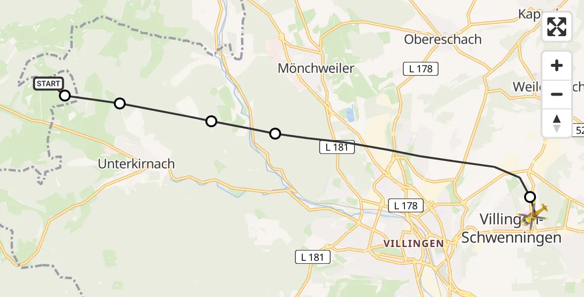 Flugroute Ambulanzhubschrauber St. Georgen im Schwarzwald - DRF Air Rescue Station Villingen-Schwenningen Hubschrauberlandeplatz (Christoph 11), 08 Mai 2026, 05:35