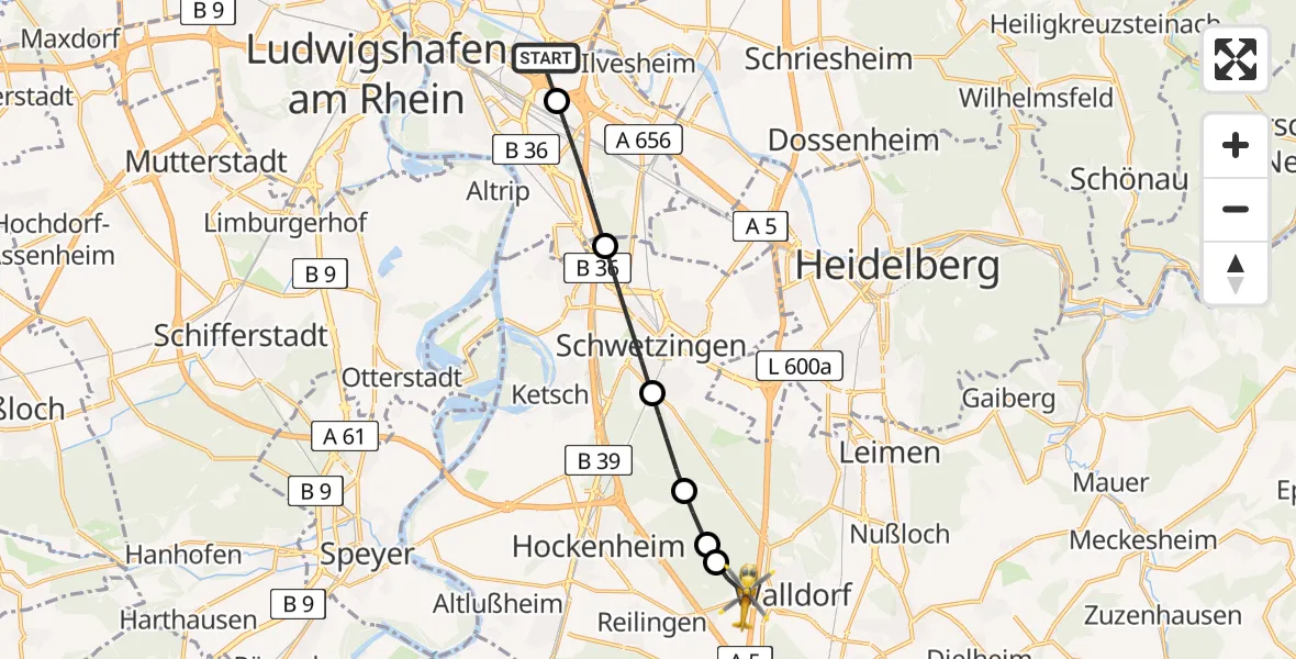 Flugroute Rettungshubschrauber Mannheim-City Flughafen - Walldorf, 08 Mai 2026, 05:41