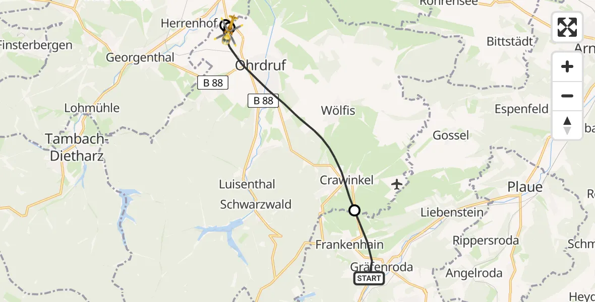Flugroute Rettungshubschrauber Geratal - Ohrdruf, 08 Mai 2026, 05:54