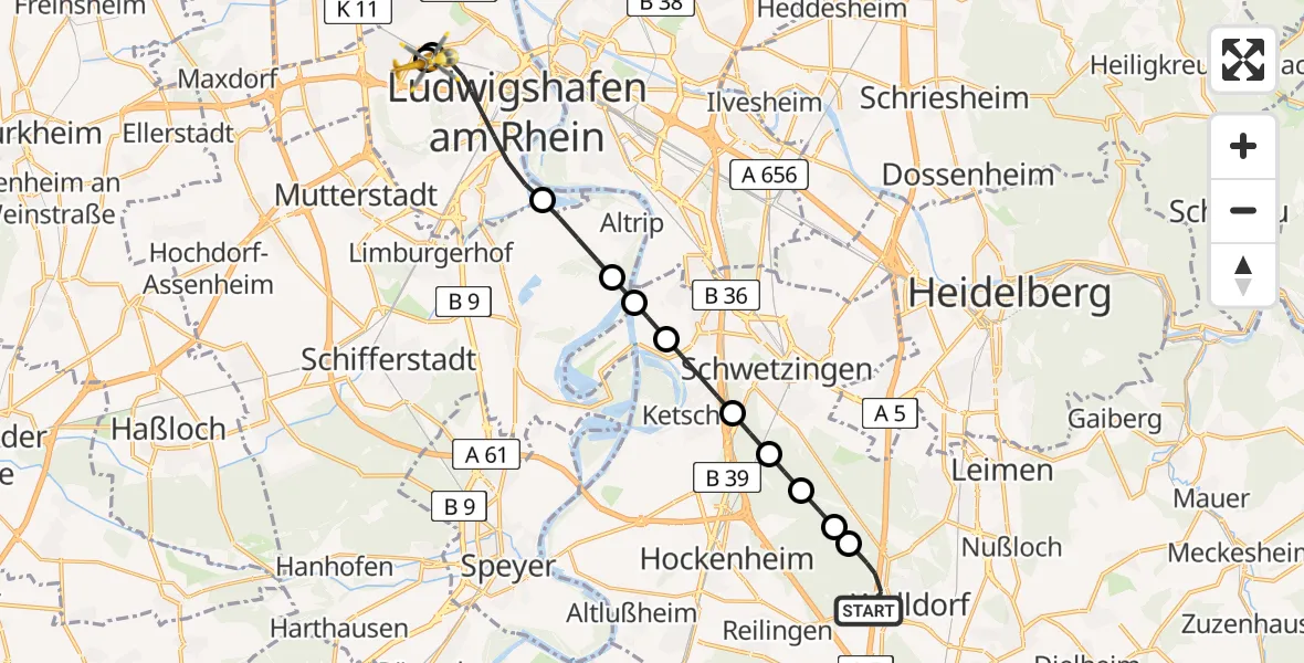 Flugroute Rettungshubschrauber Walldorf - Ludwigshafen Accident Hospital, 08 Mai 2026, 06:13