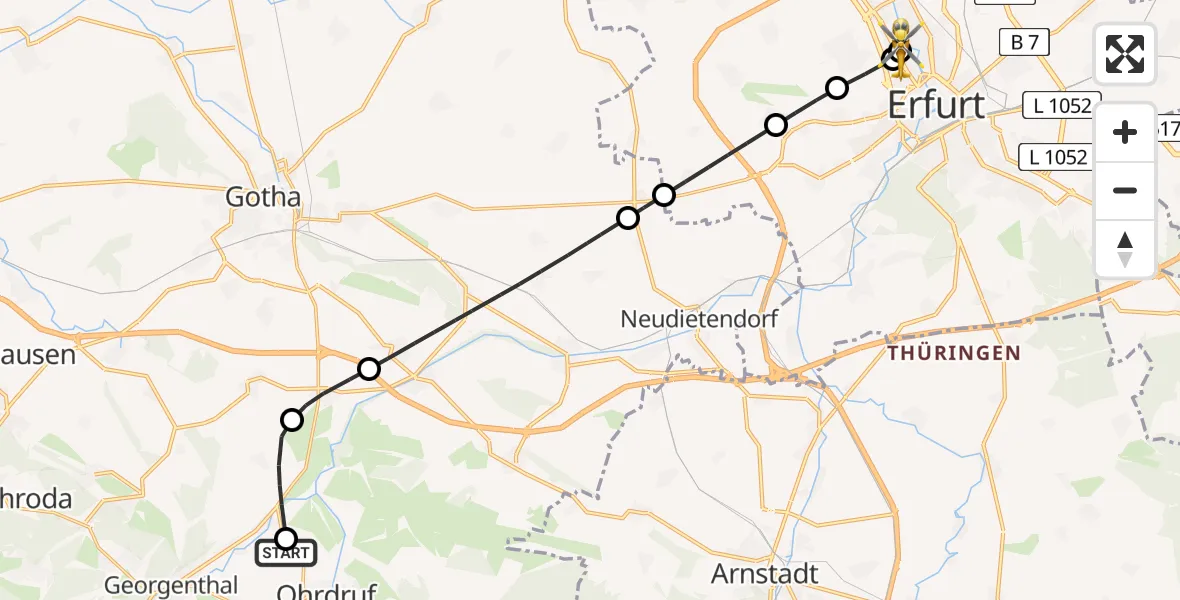 Flugroute Rettungshubschrauber Ohrdruf - Helios Clinic Erfurt, 08 Mai 2026, 06:21