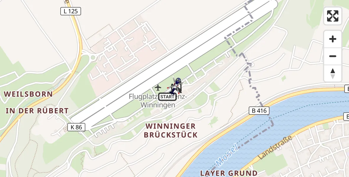 Flugroute Polizeihubschrauber Koblenz-Winningen Flugplatz - Koblenz-Winningen Flugplatz, 08 Mai 2026, 06:42