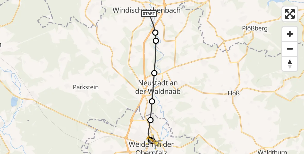 Flugroute Rettungshubschrauber Windischeschenbach - Weiden Hospital, 08 Mai 2026, 06:50