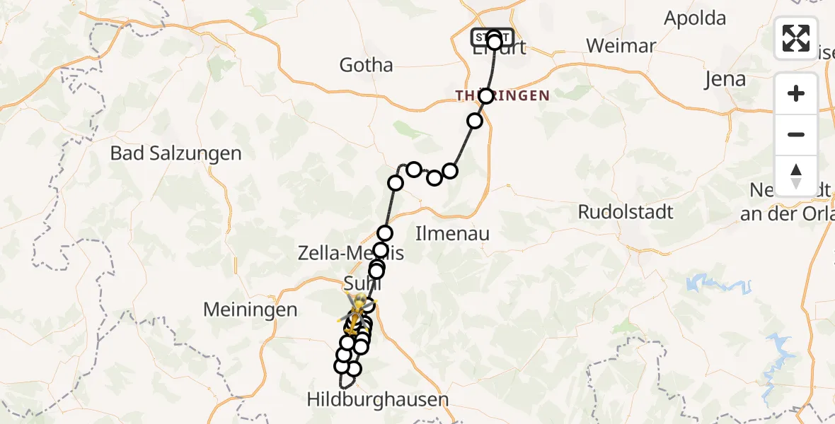 Flugroute Rettungshubschrauber Helios Clinic Erfurt - Schleusingen, 08 Mai 2026, 06:50