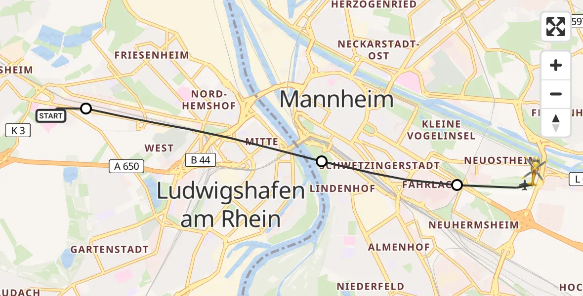 Flugroute Rettungshubschrauber Ludwigshafen Accident Hospital - Mannheim-City Flughafen, 08 Mai 2026, 07:12