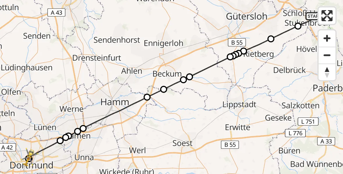 Flugroute Rettungshubschrauber Schloß Holte-Stukenbrock - Dortmund Hospital North, 08 Mai 2026, 07:13