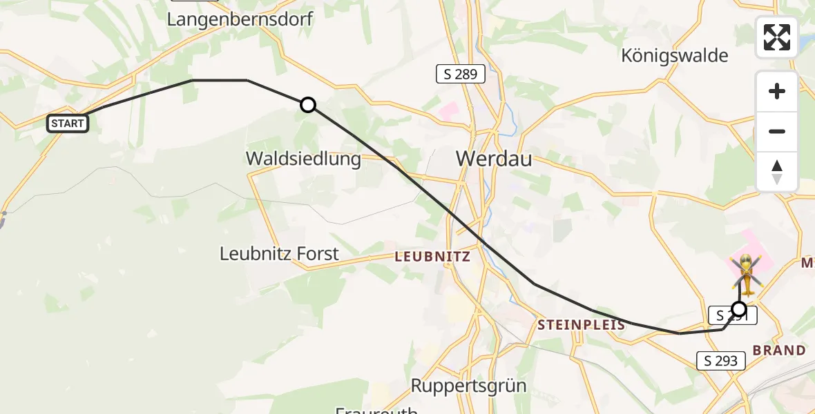 Flugroute Rettungshubschrauber Langenbernsdorf - ADAC Air Rescue Station Zwickau Hubschrauberlandeplatz, 08 Mai 2026, 07:15