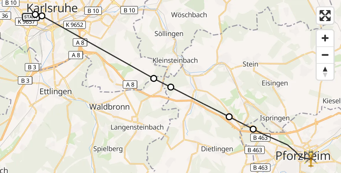 Flugroute Rettungshubschrauber Sankt Vincentius Hospital - Pforzheim, 08 Mai 2026, 07:18