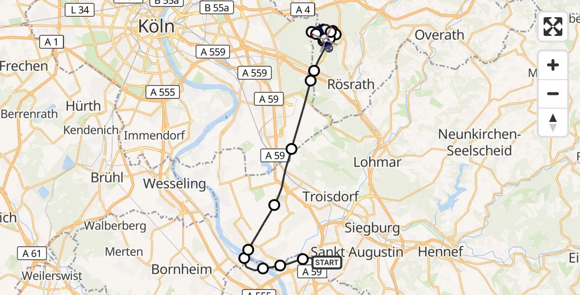 Flugroute Polizeihubschrauber Sankt Augustin - Bergisch Gladbach, 08 Mai 2026, 07:24