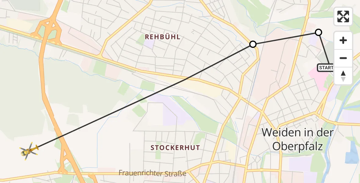Flugroute Rettungshubschrauber Weiden Hospital - Weiden i.d.OPf., 08 Mai 2026, 07:28