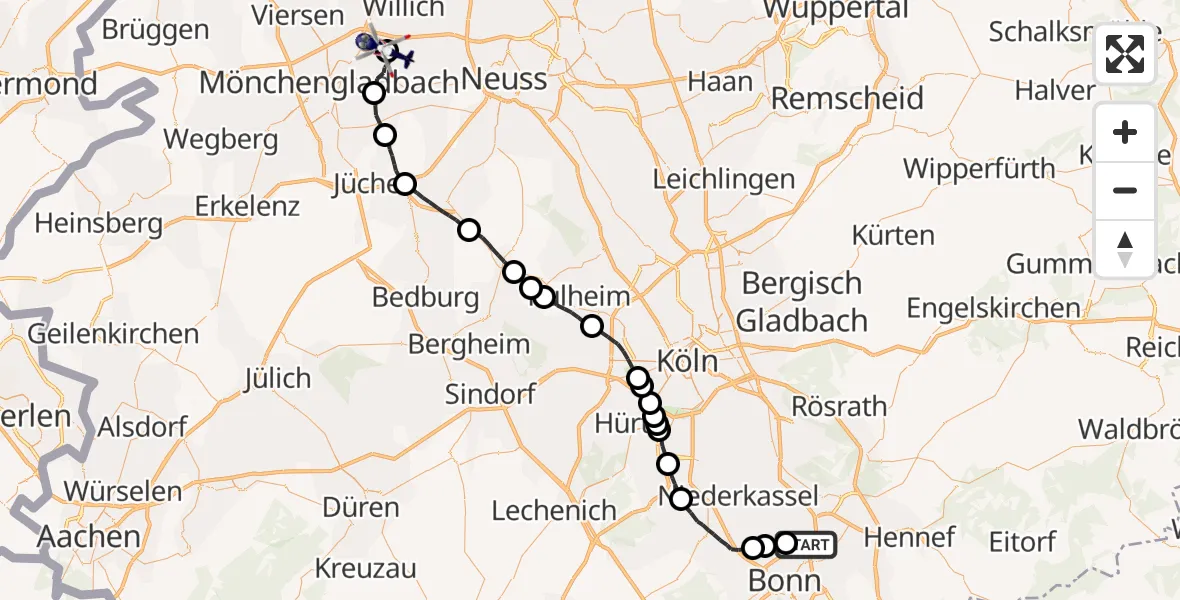 Flugroute Polizeihubschrauber Bonn - Mönchengladbach Flughafen, 08 Mai 2026, 07:30