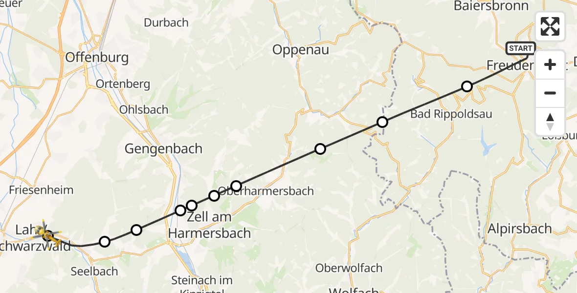 Flugroute Ambulanzhubschrauber Freudenstadt - Ortenau Hospital Lahr-Ettenheim Hubschrauberlandeplatz, 08 Mai 2026, 07:45