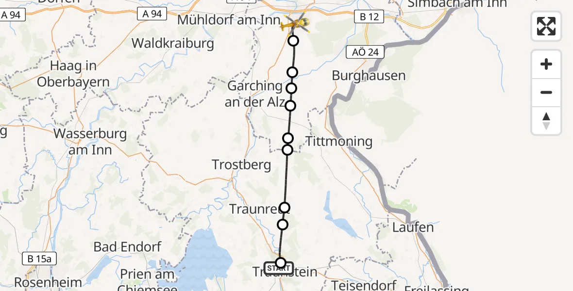Flugroute Rettungshubschrauber Traunstein Hospital - Altötting, 08 Mai 2026, 07:45