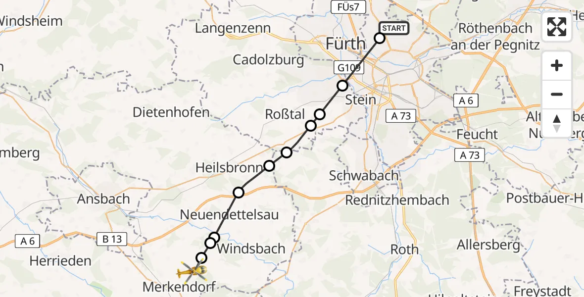 Flugroute Rettungshubschrauber Flughafen Nuremberg - Wolframs-Eschenbach, 08 Mai 2026, 07:49