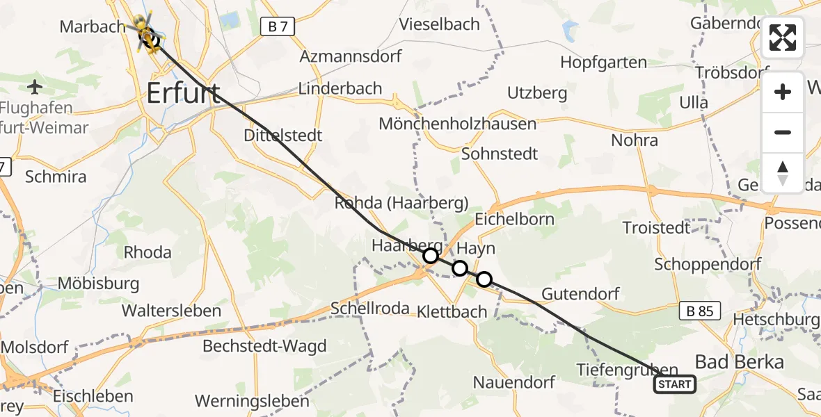 Flugroute Ambulanzhubschrauber Bad Berka - Helios Clinic Erfurt, 08 Mai 2026, 07:50