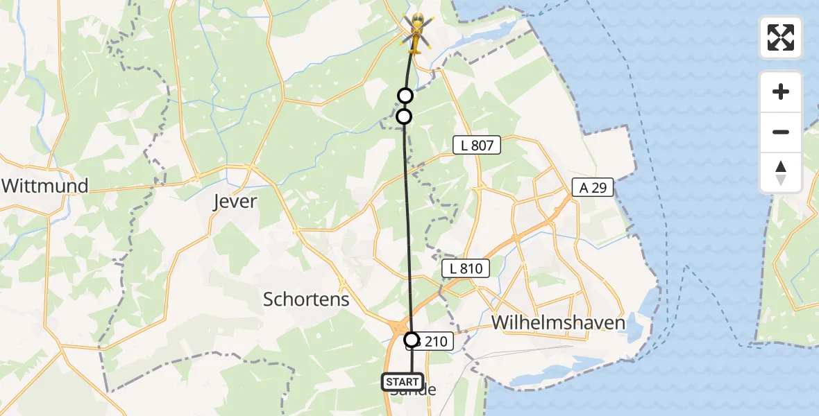 Flugroute Rettungshubschrauber Sande - Wangerland, 08 Mai 2026, 07:53