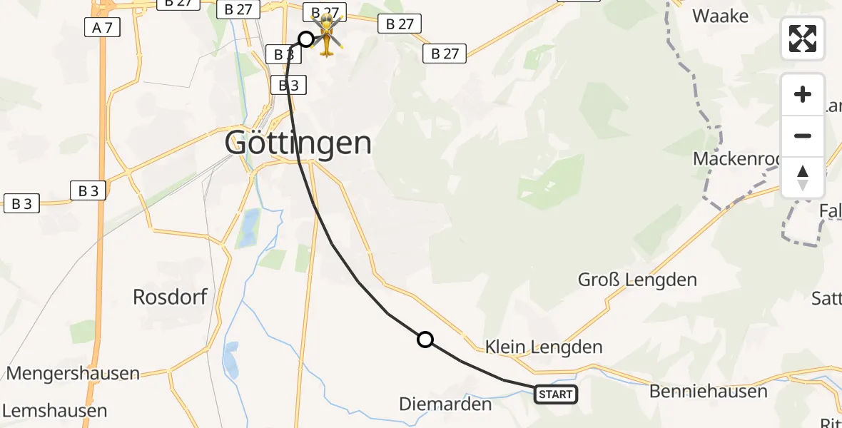Flugroute Rettungshubschrauber Gleichen - Göttingen University Clinic Hubschrauberlandeplatz, 08 Mai 2026, 08:00