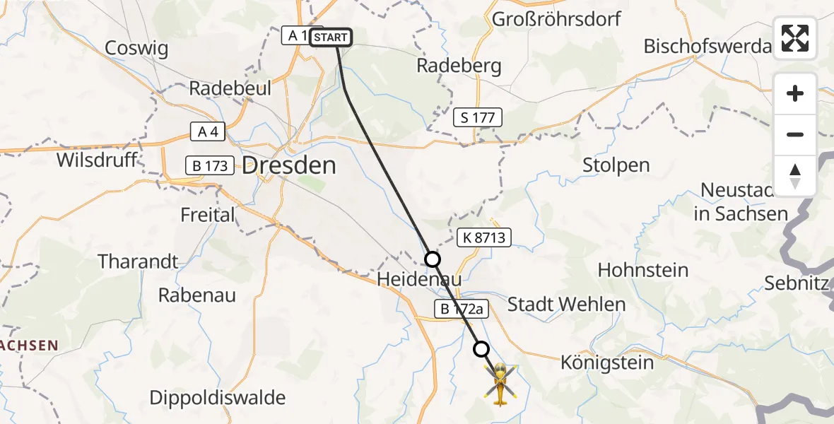 Flugroute Rettungshubschrauber Dresden - Dohma, 08 Mai 2026, 08:05