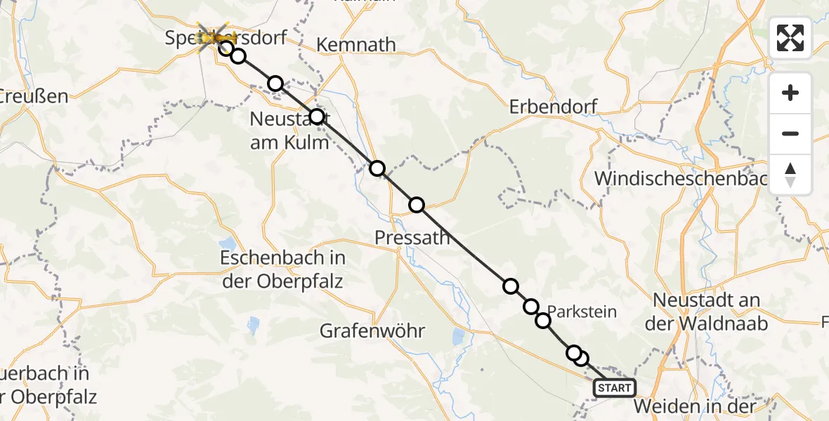 Flugroute Rettungshubschrauber Weiden i.d.OPf. - Speichersdorf, 08 Mai 2026, 08:11