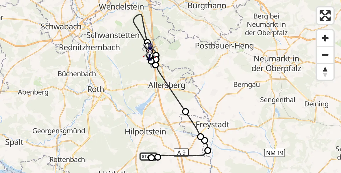 Flugroute Polizeihubschrauber Hilpoltstein - Pyrbaum, 08 Mai 2026, 08:14