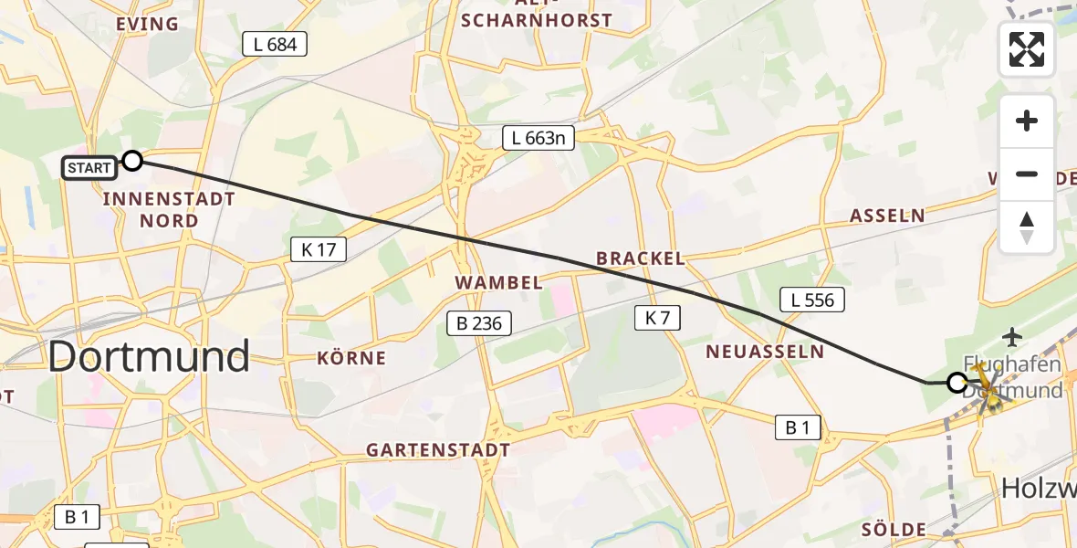 Flugroute Rettungshubschrauber Dortmund Hospital North - Dortmund Flughafen, 08 Mai 2026, 08:14