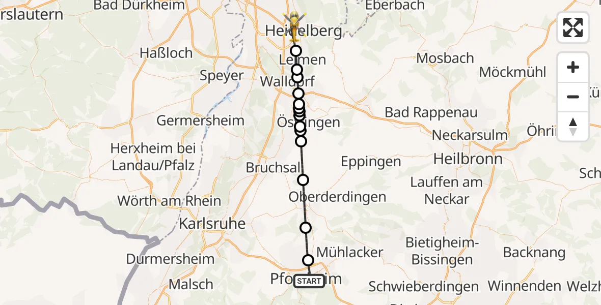Flugroute Rettungshubschrauber Pforzheim - Heidelberg, 08 Mai 2026, 08:17