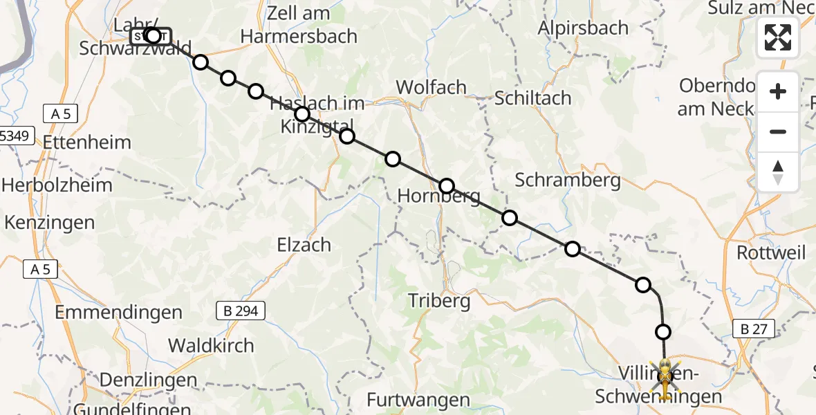 Flugroute Ambulanzhubschrauber Lahr/Schwarzwald - DRF Air Rescue Station Villingen-Schwenningen Hubschrauberlandeplatz (Christoph 11), 08 Mai 2026, 08:22