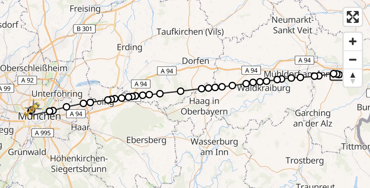 Flugroute Rettungshubschrauber Altötting-Burghausen District Hospital Altötting - Deutsches Herzzentrum München, 08 Mai 2026, 08:27