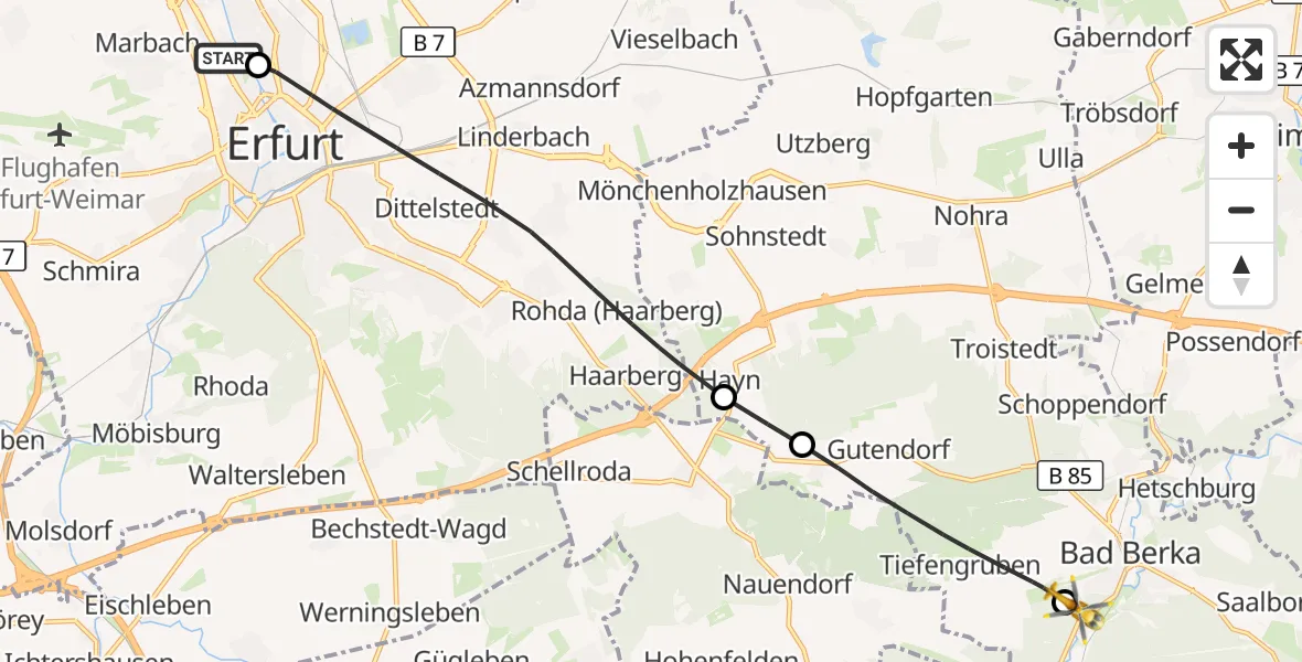 Flugroute Ambulanzhubschrauber Helios Clinic Erfurt - Bad Berka Central Hospital, 08 Mai 2026, 08:30