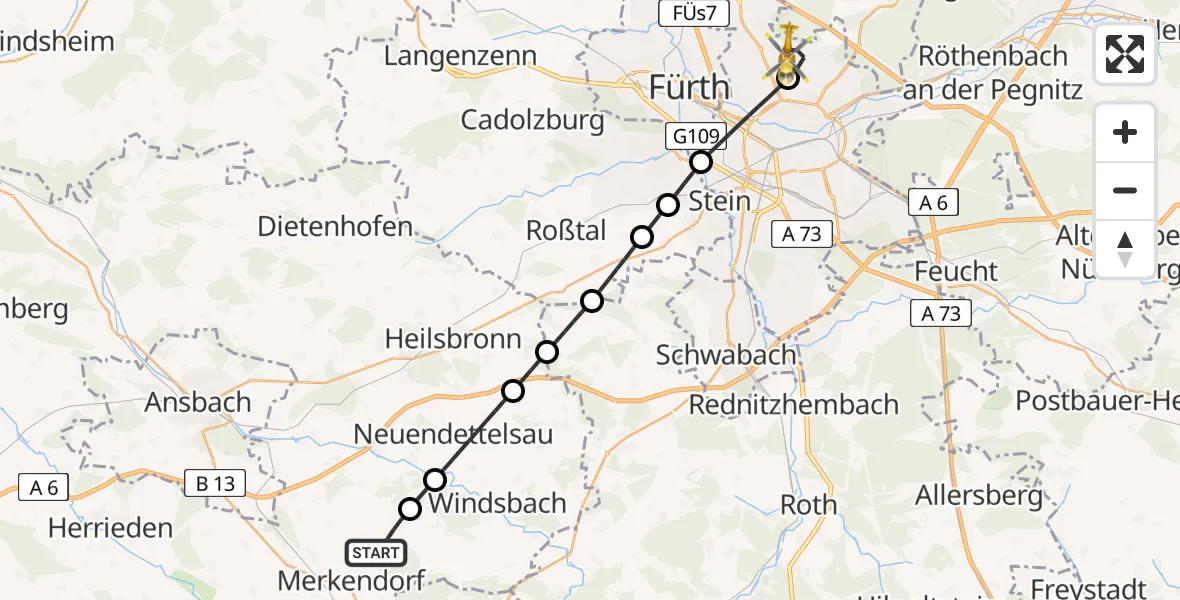 Flugroute Rettungshubschrauber Wolframs-Eschenbach - Flughafen Nuremberg, 08 Mai 2026, 08:35