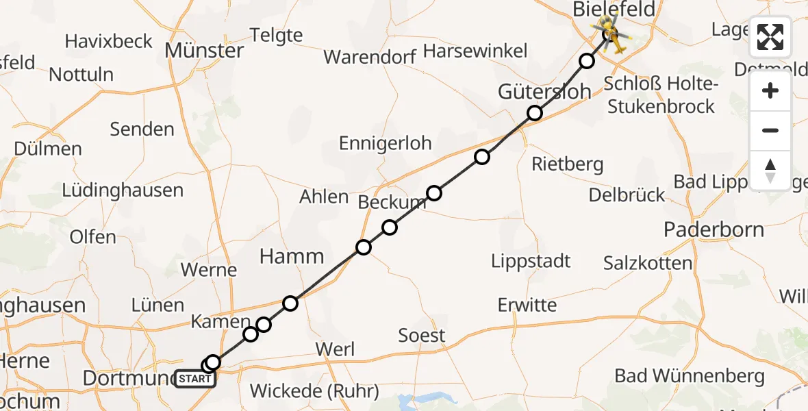 Flugroute Rettungshubschrauber Dortmund Flughafen - Luftrettungszentrum Bielefeld, 08 Mai 2026, 08:37