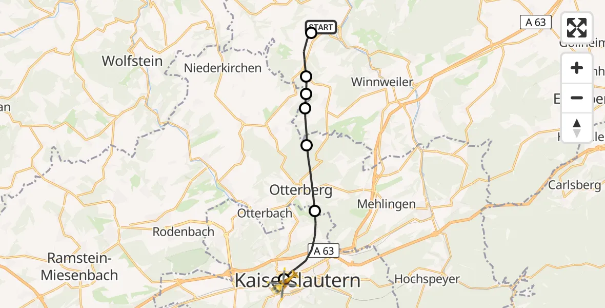 Flugroute Rettungshubschrauber Imsweiler UL - Westpfalz Hospital Kaiserslautern, 08 Mai 2026, 08:39