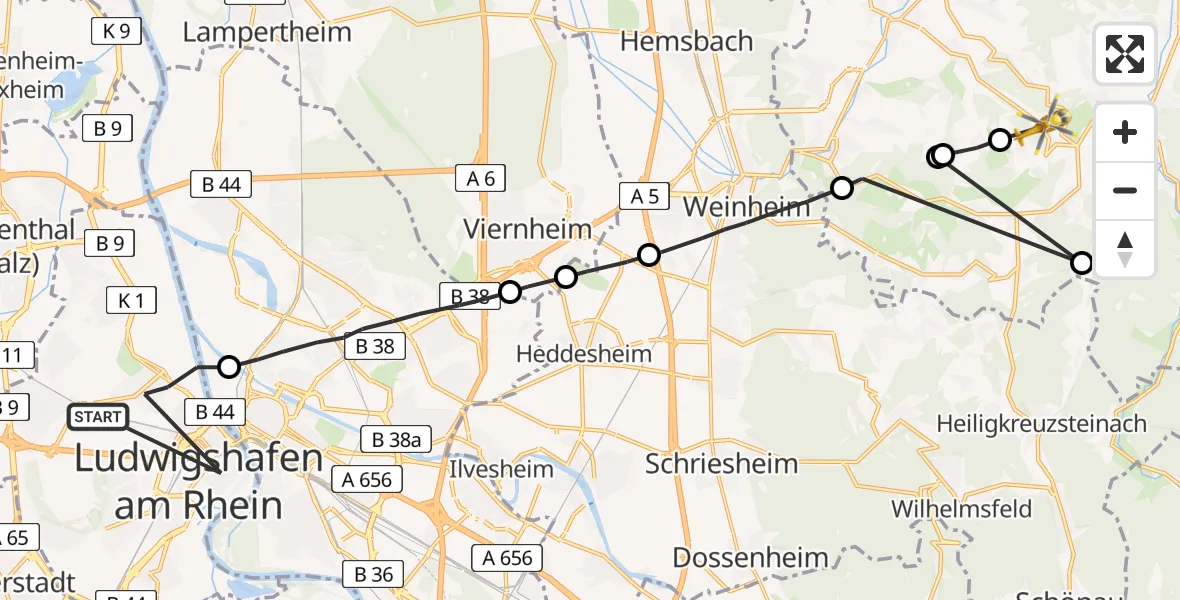 Flugroute Rettungshubschrauber Ludwigshafen am Rhein - Wald-Michelbach, 08 Mai 2026, 08:44