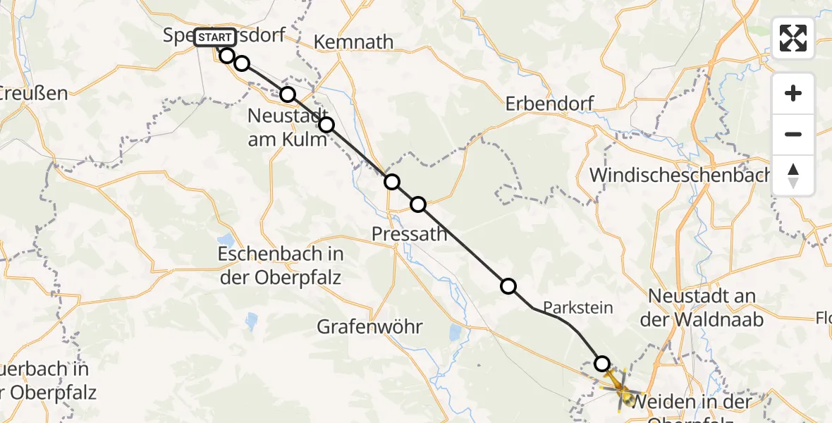 Flugroute Rettungshubschrauber Speichersdorf - Weiden i.d.OPf., 08 Mai 2026, 08:54