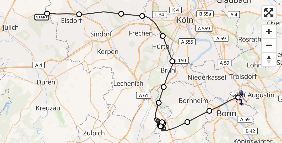 Flugroute Polizeihubschrauber Titz - Sankt Augustin, 08 Mai 2026, 08:54