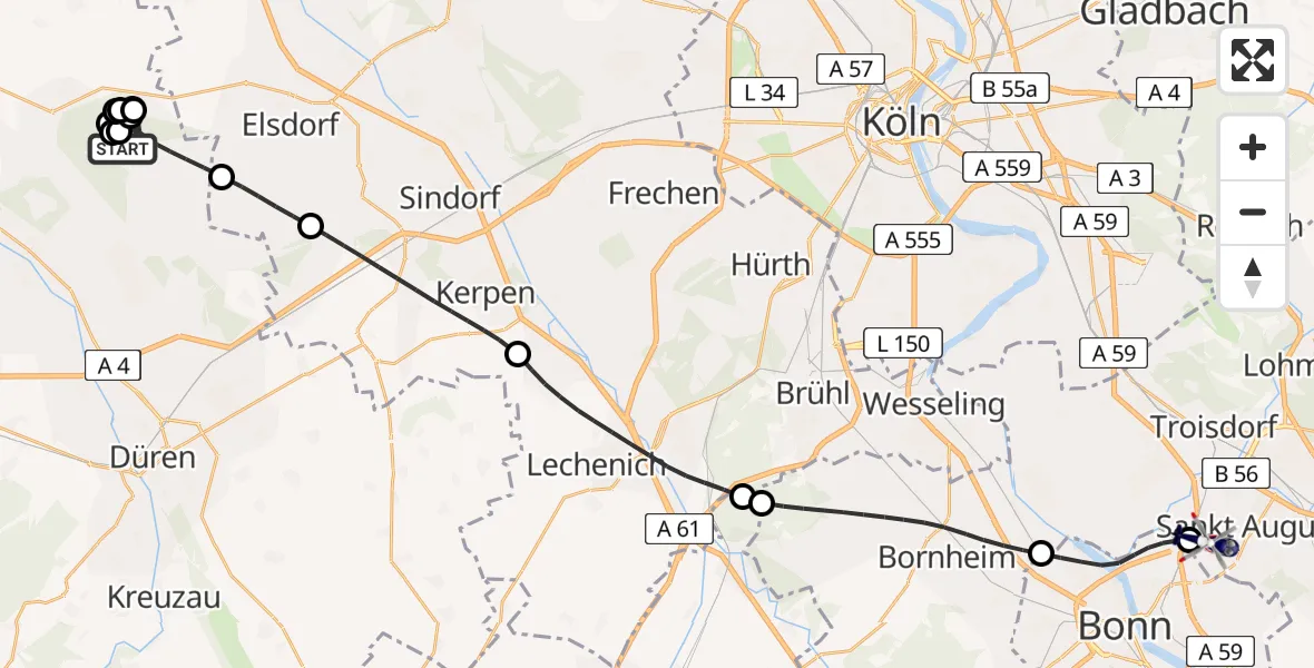 Flugroute Polizeihubschrauber Niederzier - Sankt Augustin, 08 Mai 2026, 08:59