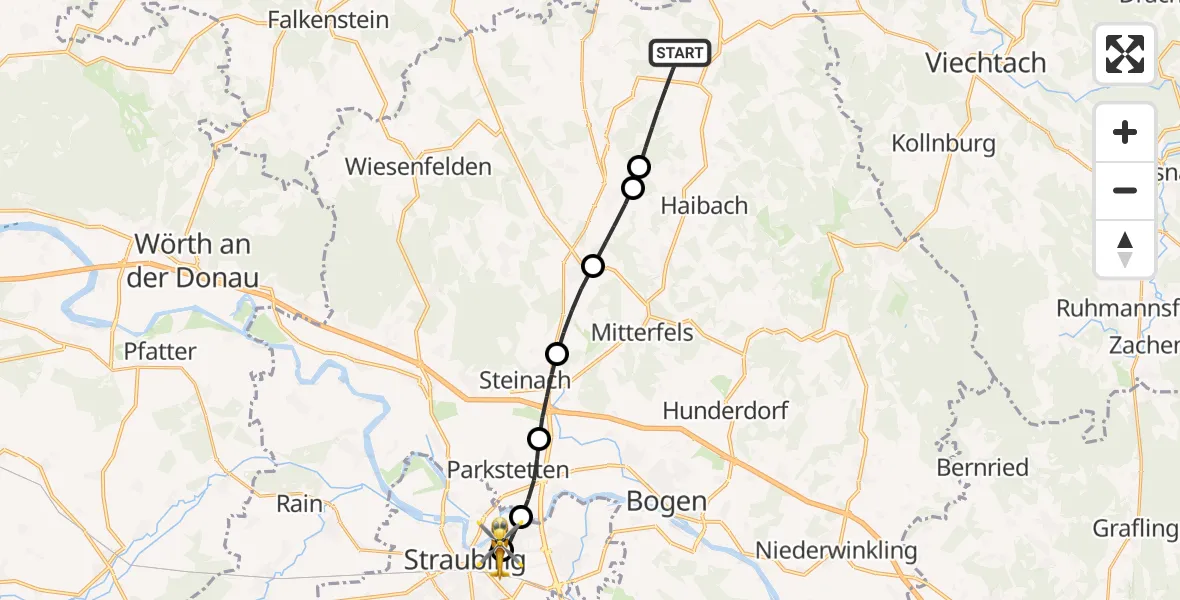 Flugroute Rettungshubschrauber Konzell - Sankt Elisabeth Hospital Straubing, 08 Mai 2026, 09:04