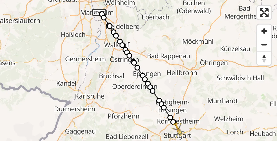 Flugroute Rettungshubschrauber Mannheim - Stuttgart, 08 Mai 2026, 09:12