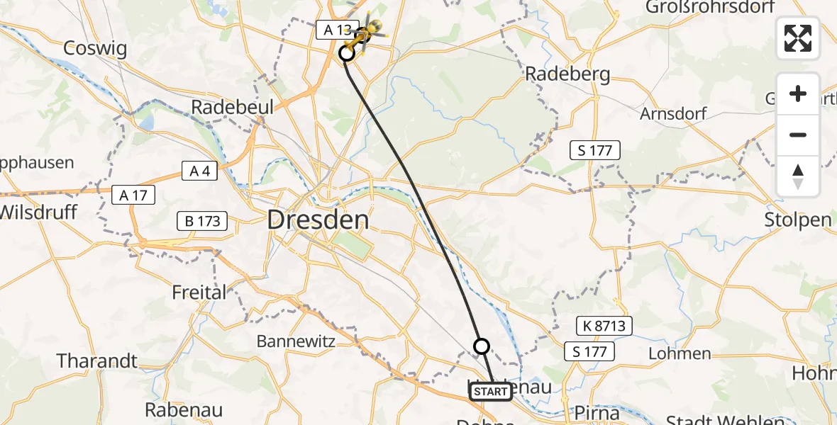 Flugroute Rettungshubschrauber Heidenau - Dresden Bundespolizei Hubschrauberlandeplatz, 08 Mai 2026, 09:13