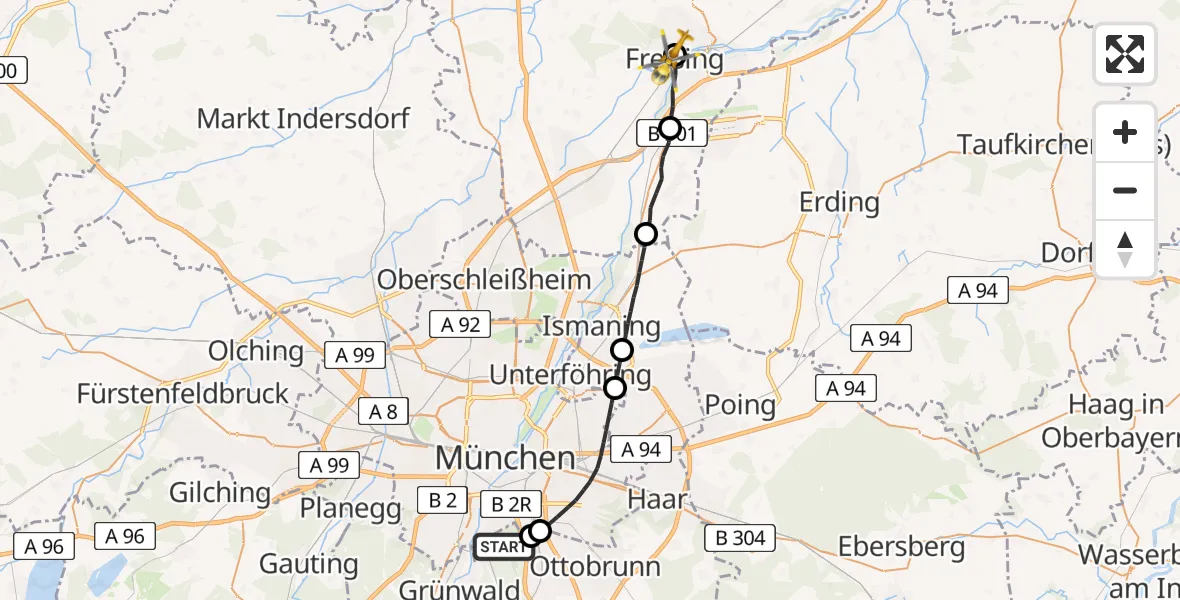 Flugroute Rettungshubschrauber Perlacher Forst - Freising Clinic Hubschrauberlandeplatz, 08 Mai 2026, 09:20