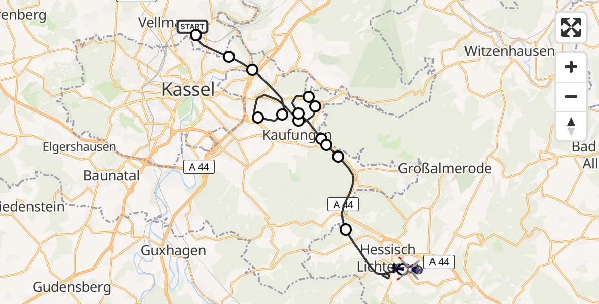 Flugroute Polizeihubschrauber Fuldatal Bundespolizei Hubschrauberlandeplatz - Hessisch Lichtenau Flugplatz, 08 Mai 2026, 09:23