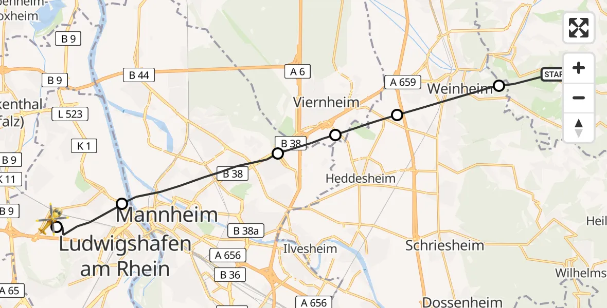 Flugroute Rettungshubschrauber Birkenau - Ludwigshafen Accident Hospital, 08 Mai 2026, 09:25
