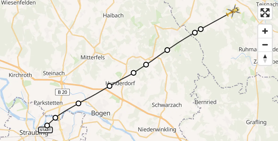 Flugroute Rettungshubschrauber Sankt Elisabeth Hospital Straubing - Kollnburg, 08 Mai 2026, 09:34