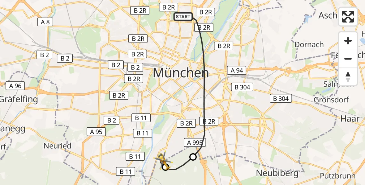Flugroute Rettungshubschrauber München - ADAC Air Rescue Center Hubschrauberlandeplatz (Christoph 1), 08 Mai 2026, 09:46