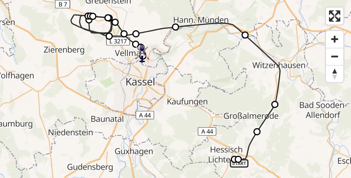 Flugroute Polizeihubschrauber Hessisch Lichtenau - Fuldatal Bundespolizei Hubschrauberlandeplatz, 08 Mai 2026, 09:48