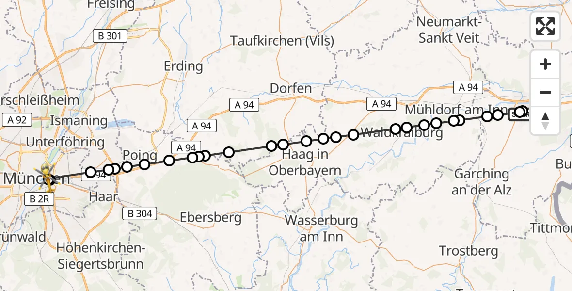Flugroute Rettungshubschrauber Altötting-Burghausen District Hospital Altötting - Rechts der Isar University Hospital, 08 Mai 2026, 09:53