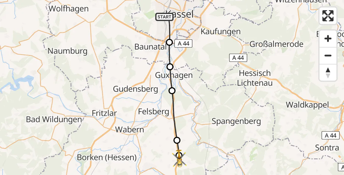 Flugroute Rettungshubschrauber Kassel - Knüllwald, 08 Mai 2026, 09:54